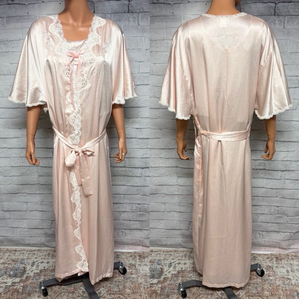 Barbizon Nightgown‎ Robe Set M/L Pink Floral Embroidered Romantic  Cottagecore